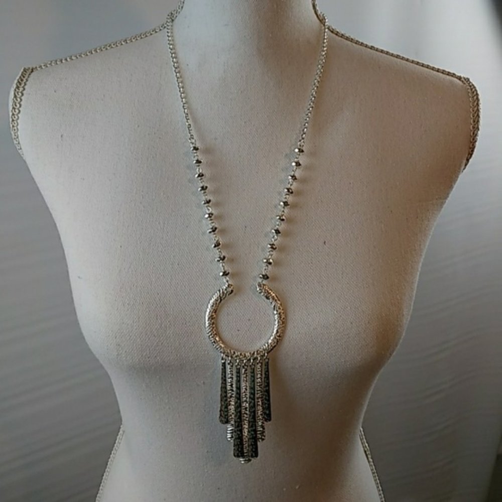 Long silver tone statement necklace